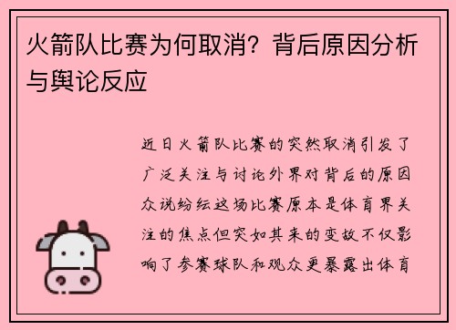火箭队比赛为何取消？背后原因分析与舆论反应